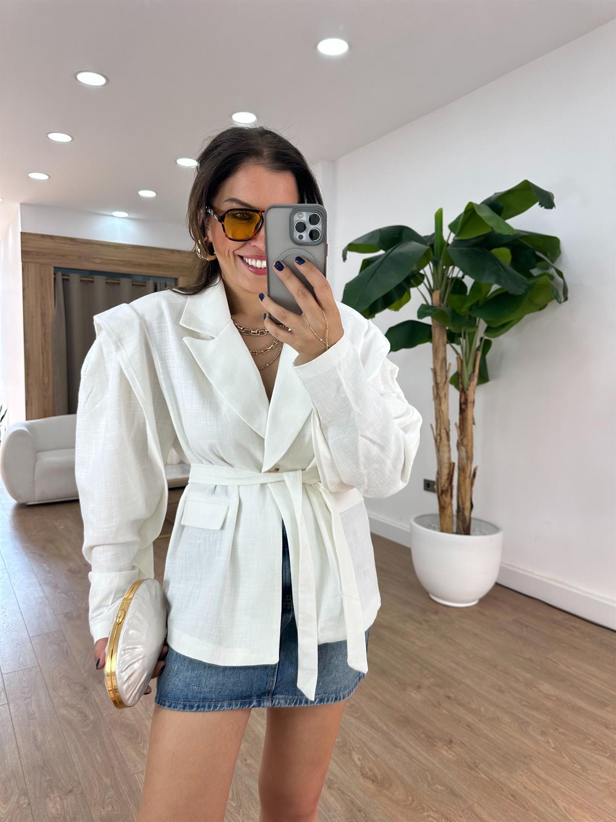 Oversize Keten Blazer Ceket - Beyaz