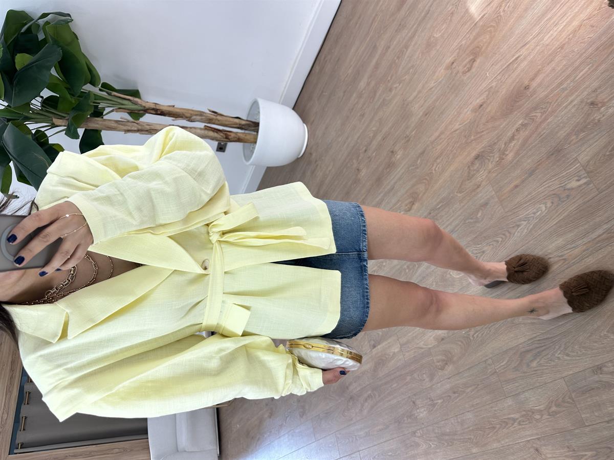 Oversize Keten Blazer Ceket - Sarı