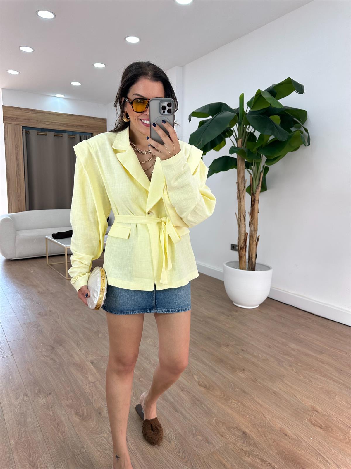 Oversize Keten Blazer Ceket - Sarı