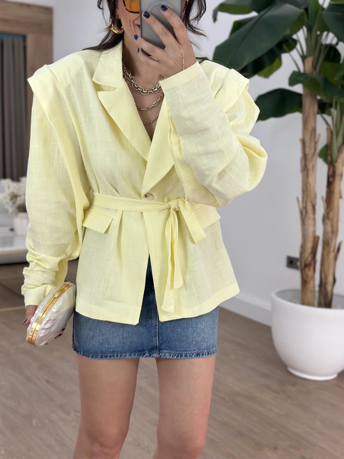 Oversize Keten Blazer Ceket - Sarı