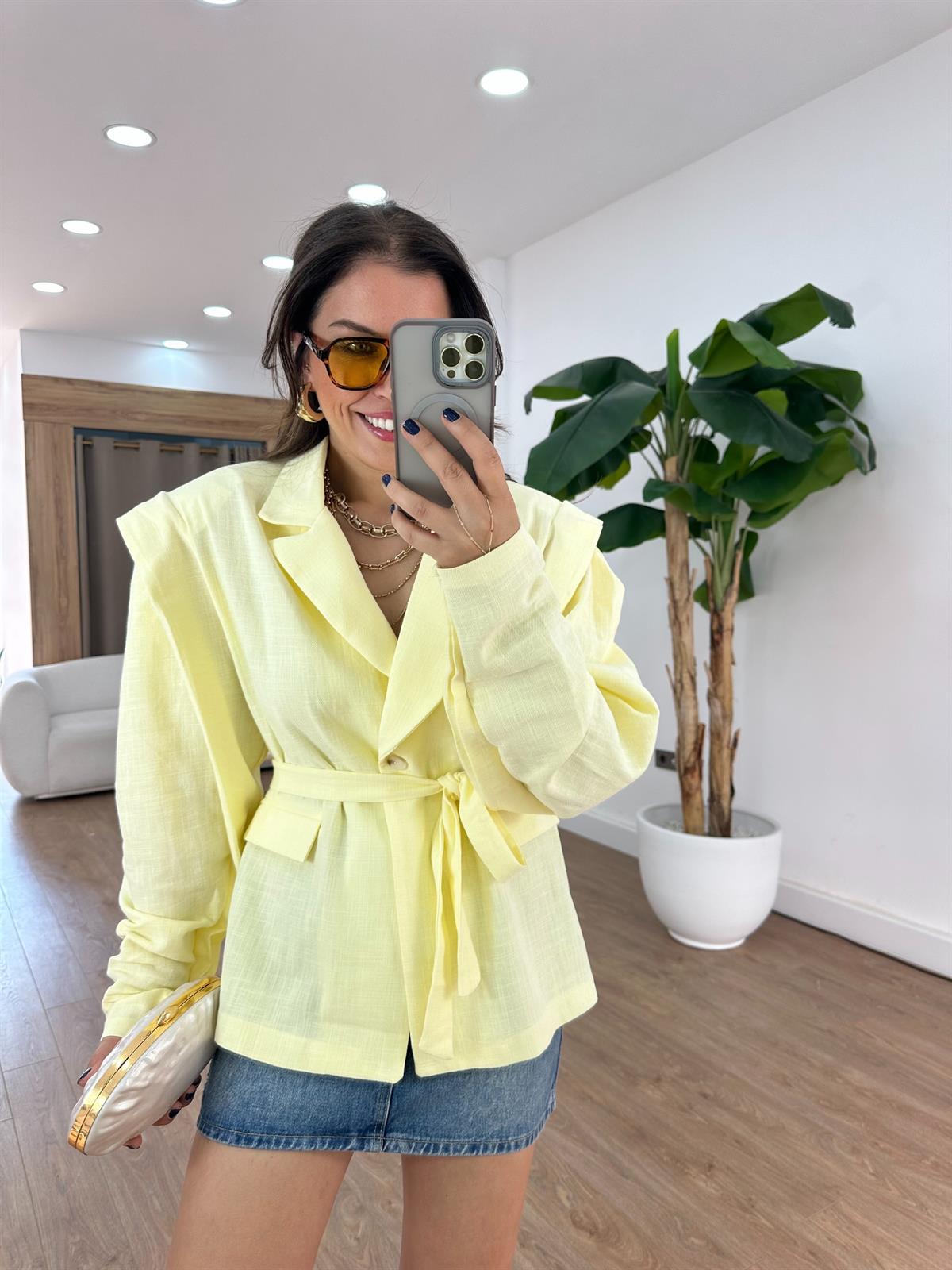 Oversize Keten Blazer Ceket - Sarı