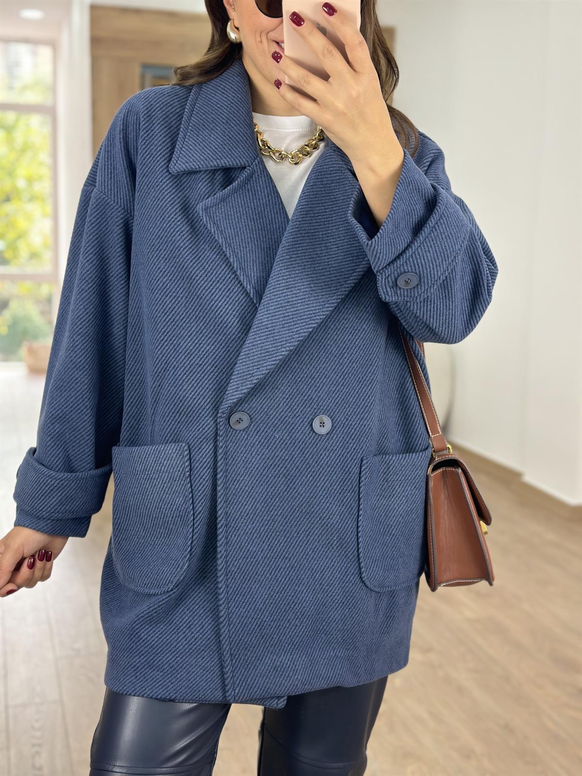 Oversize Kırçıllı Kaban-Lacivert