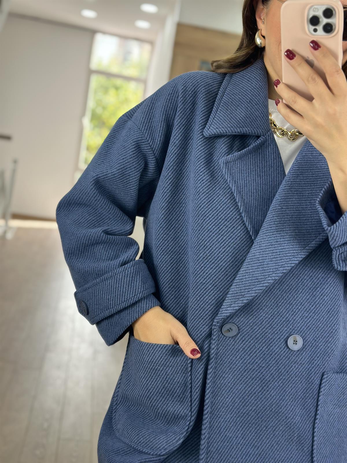 Oversize Kırçıllı Kaban-Lacivert