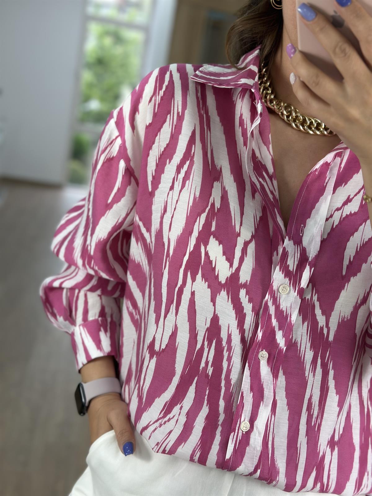 Oversize Renkli Tnsel Gömlek-Fuşya