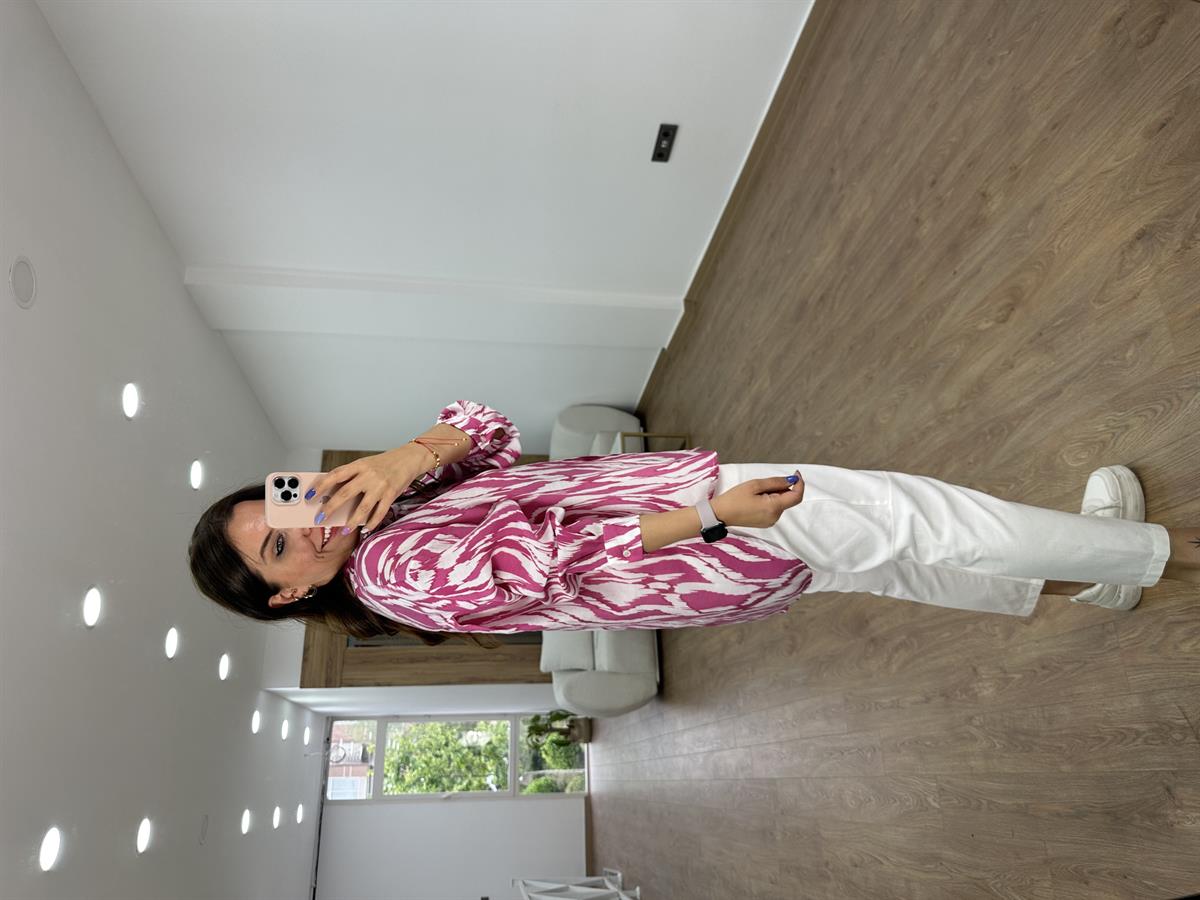 Oversize Renkli Tnsel Gömlek-Fuşya