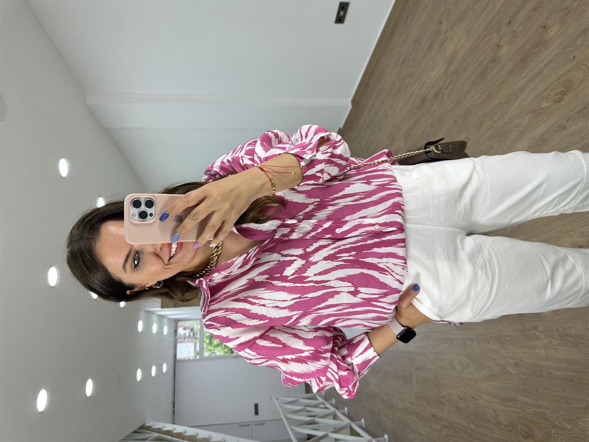 Oversize Renkli Tnsel Gömlek-Fuşya