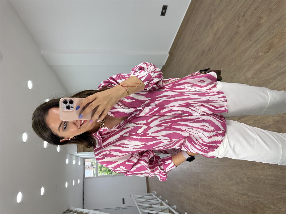 Oversize Renkli Tnsel Gömlek-Fuşya