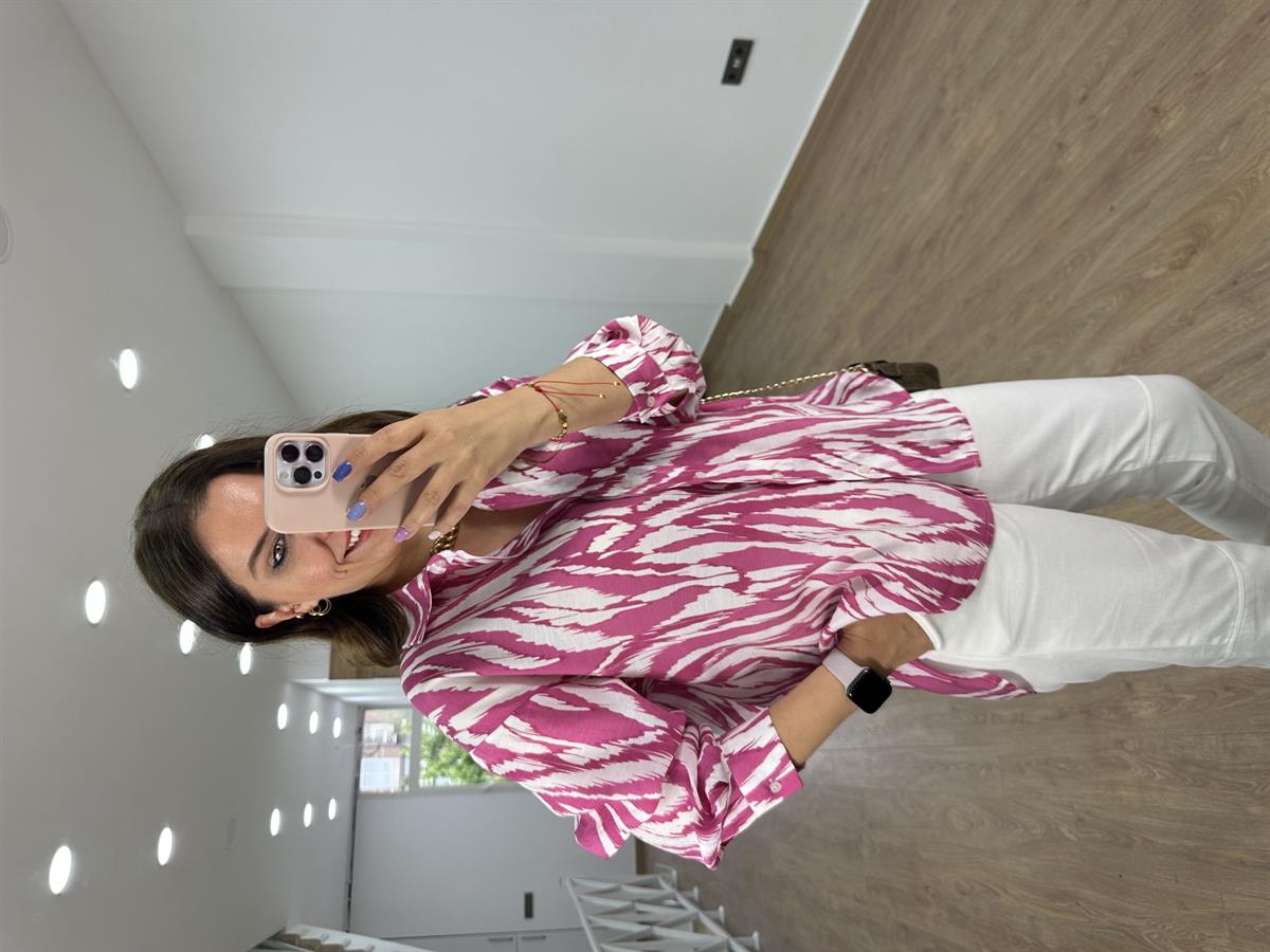 Oversize Renkli Tnsel Gömlek-Fuşya