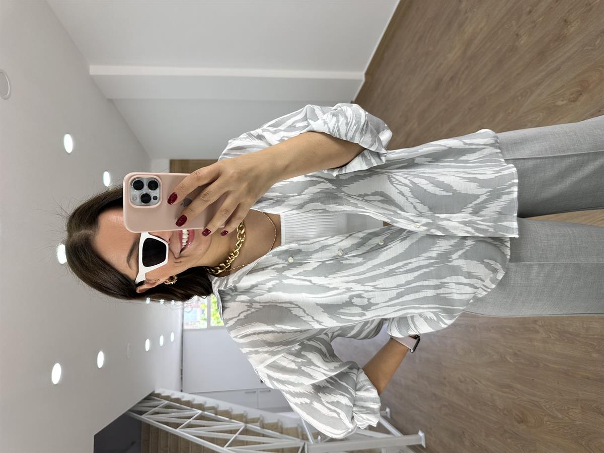 Oversize Renkli Tnsel Gömlek-Gri