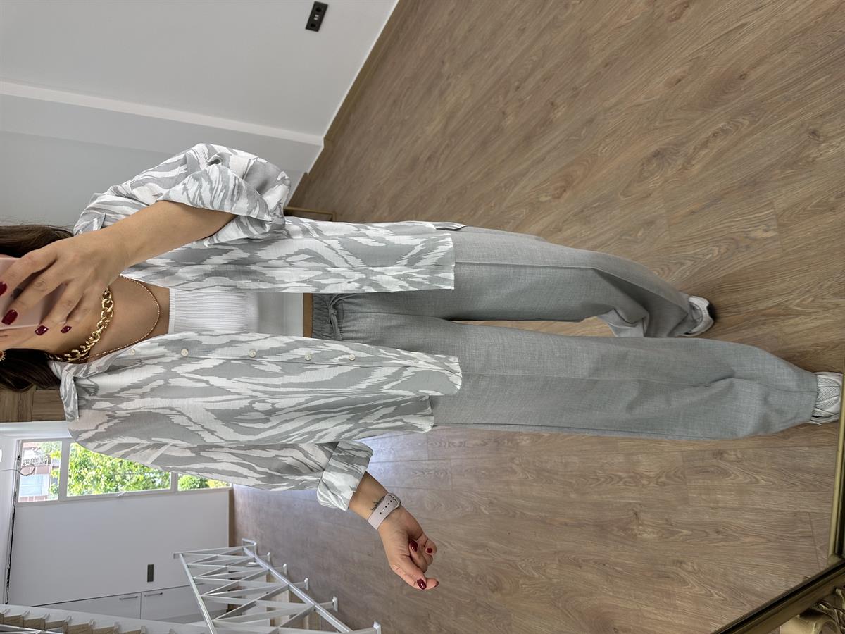 Oversize Renkli Tnsel Gömlek-Gri