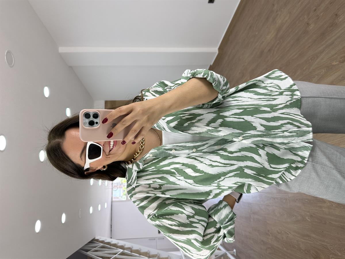 Oversize Renkli Tnsel Gömlek-Yeşil