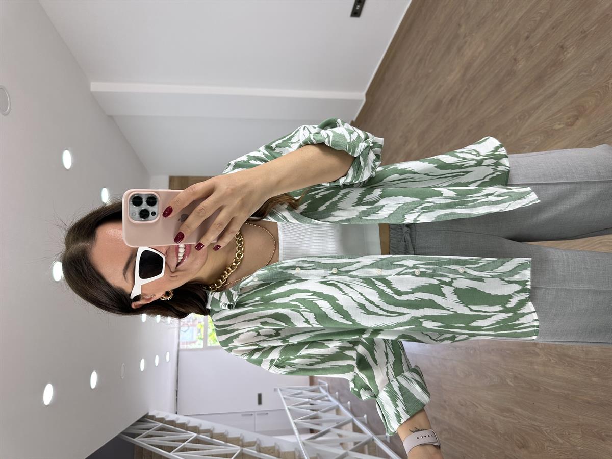 Oversize Renkli Tnsel Gömlek-Yeşil