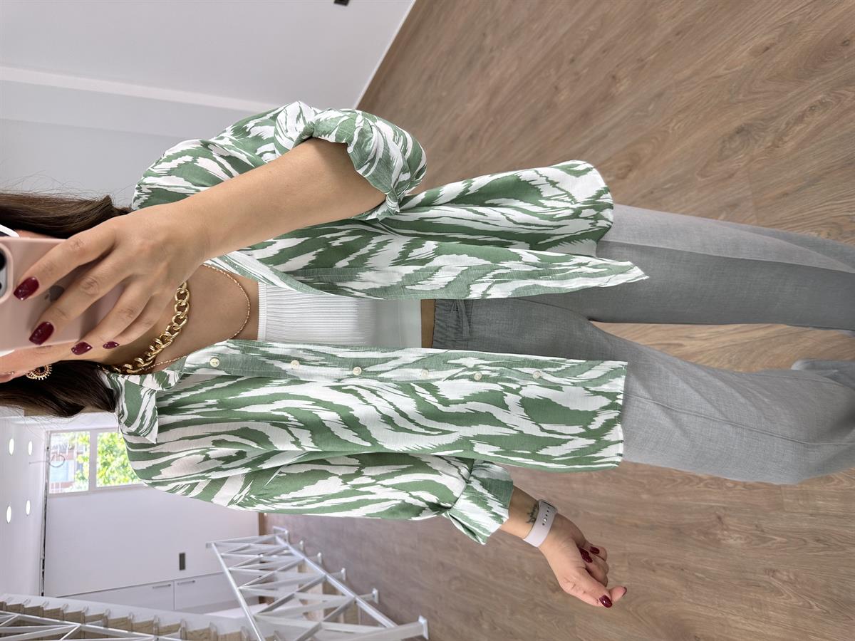 Oversize Renkli Tnsel Gömlek-Yeşil