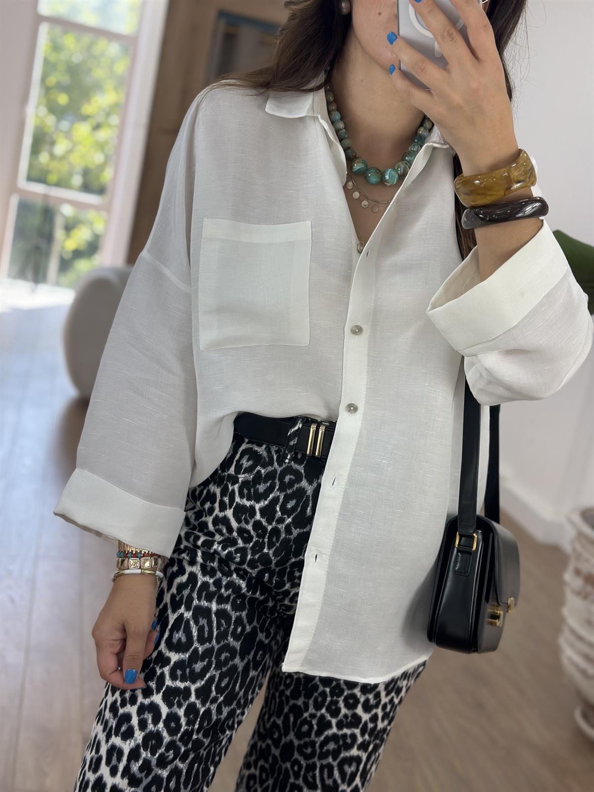 Oversize Yarım Kol Keten Gömlek - Beyaz