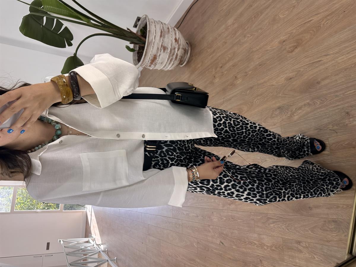 Oversize Yarım Kol Keten Gömlek - Beyaz