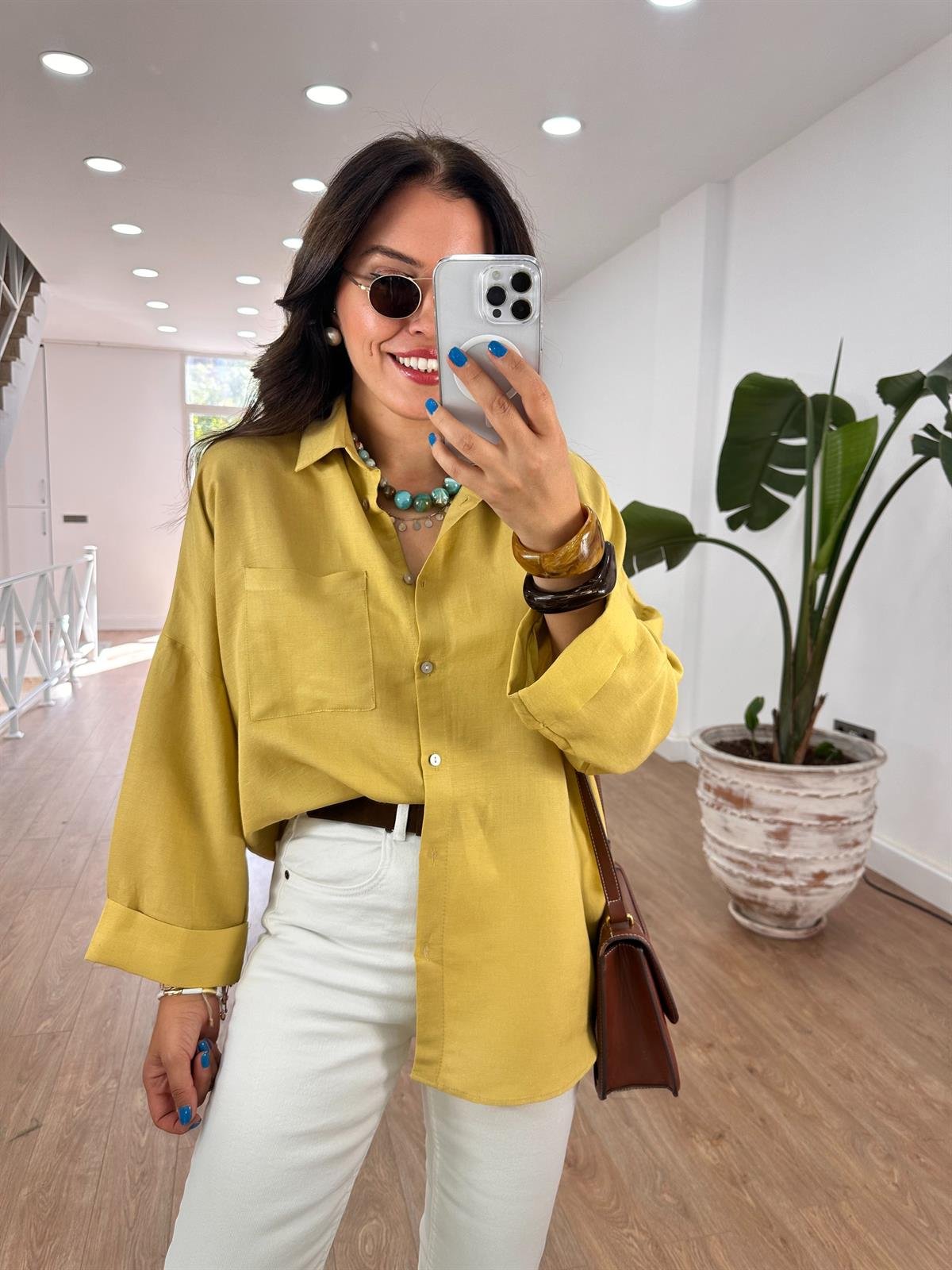 Oversize Yarım Kol Keten Gömlek - Hardal