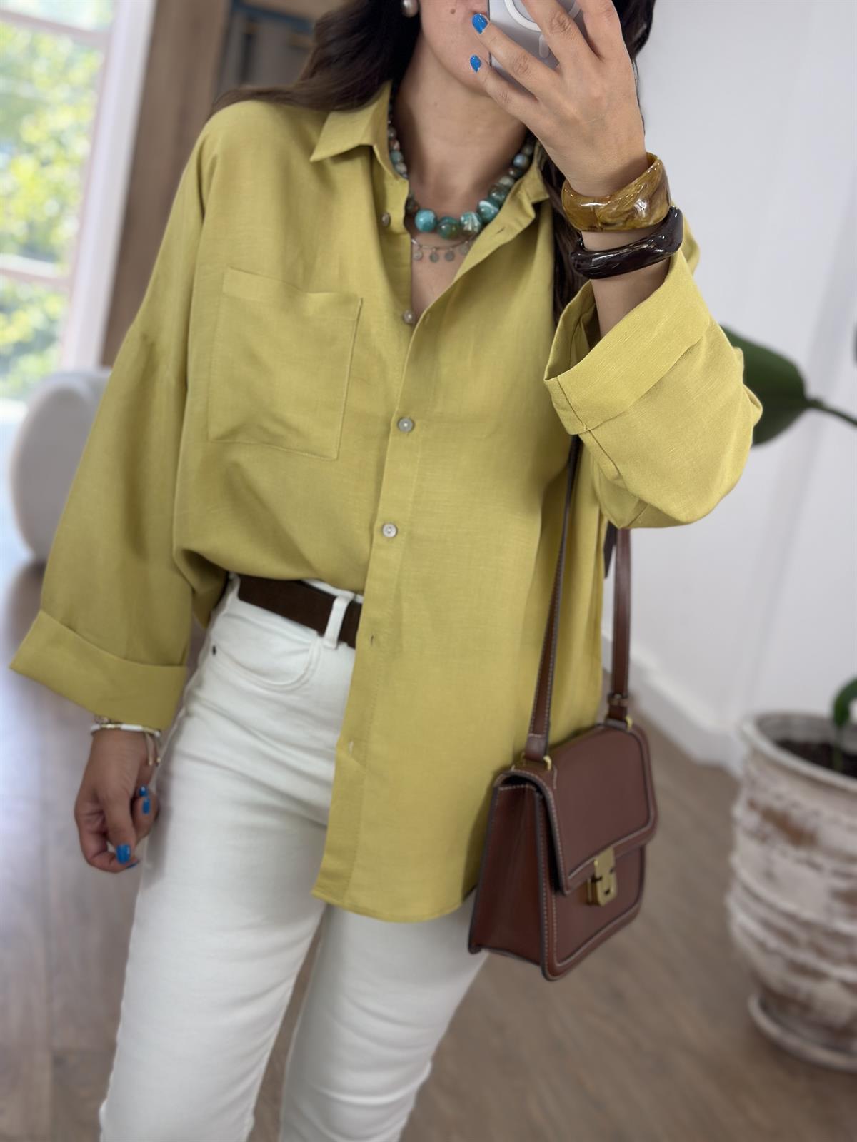 Oversize Yarım Kol Keten Gömlek - Hardal