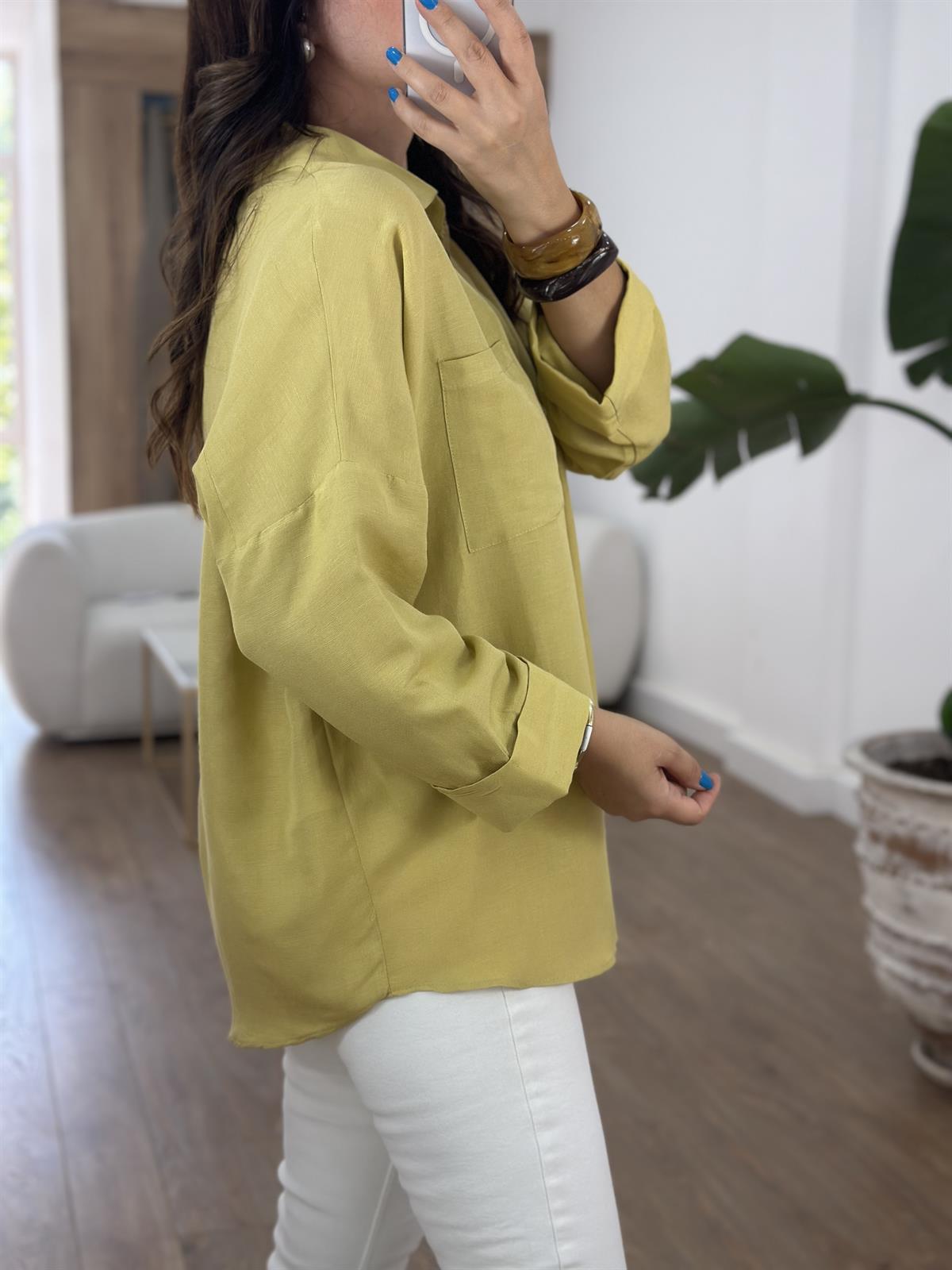 Oversize Yarım Kol Keten Gömlek - Hardal