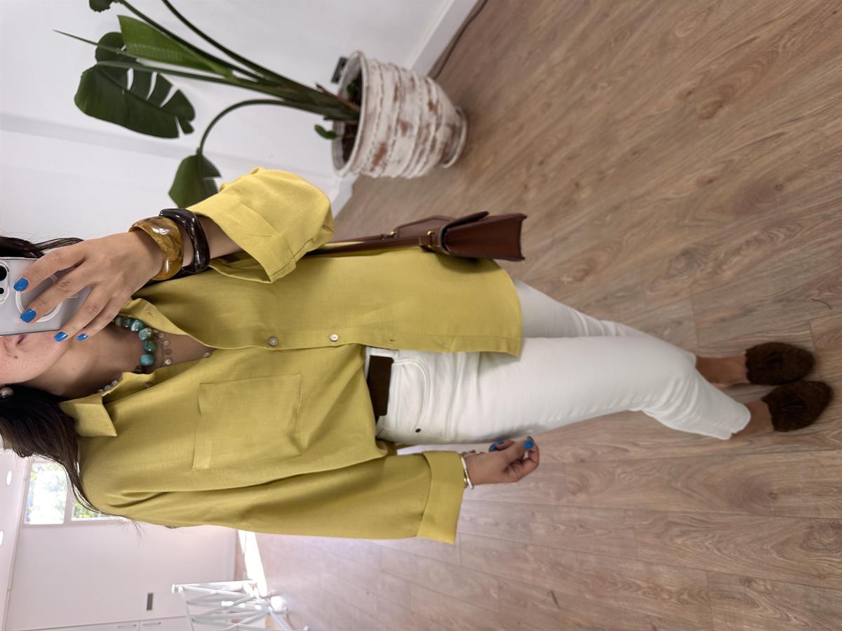 Oversize Yarım Kol Keten Gömlek - Hardal