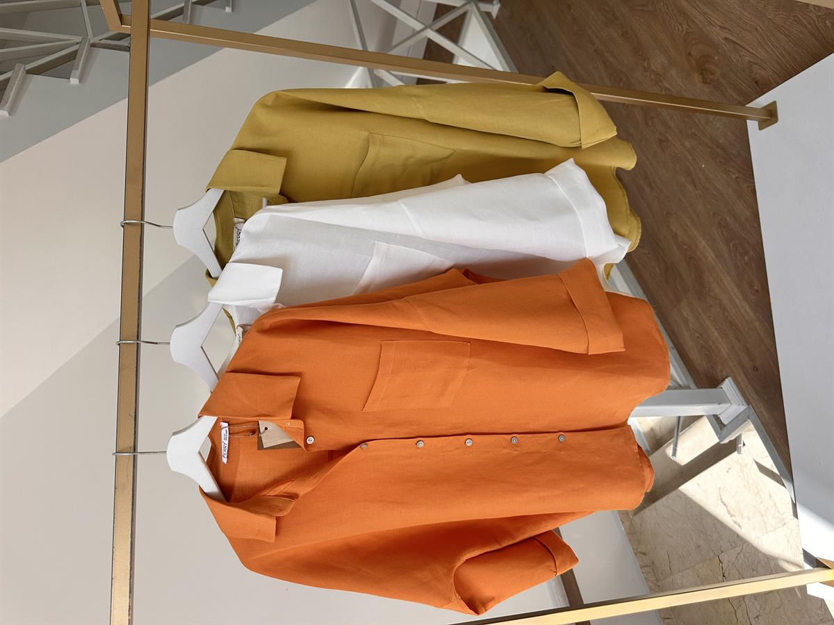 Oversize Yarım Kol Keten Gömlek - Turuncu