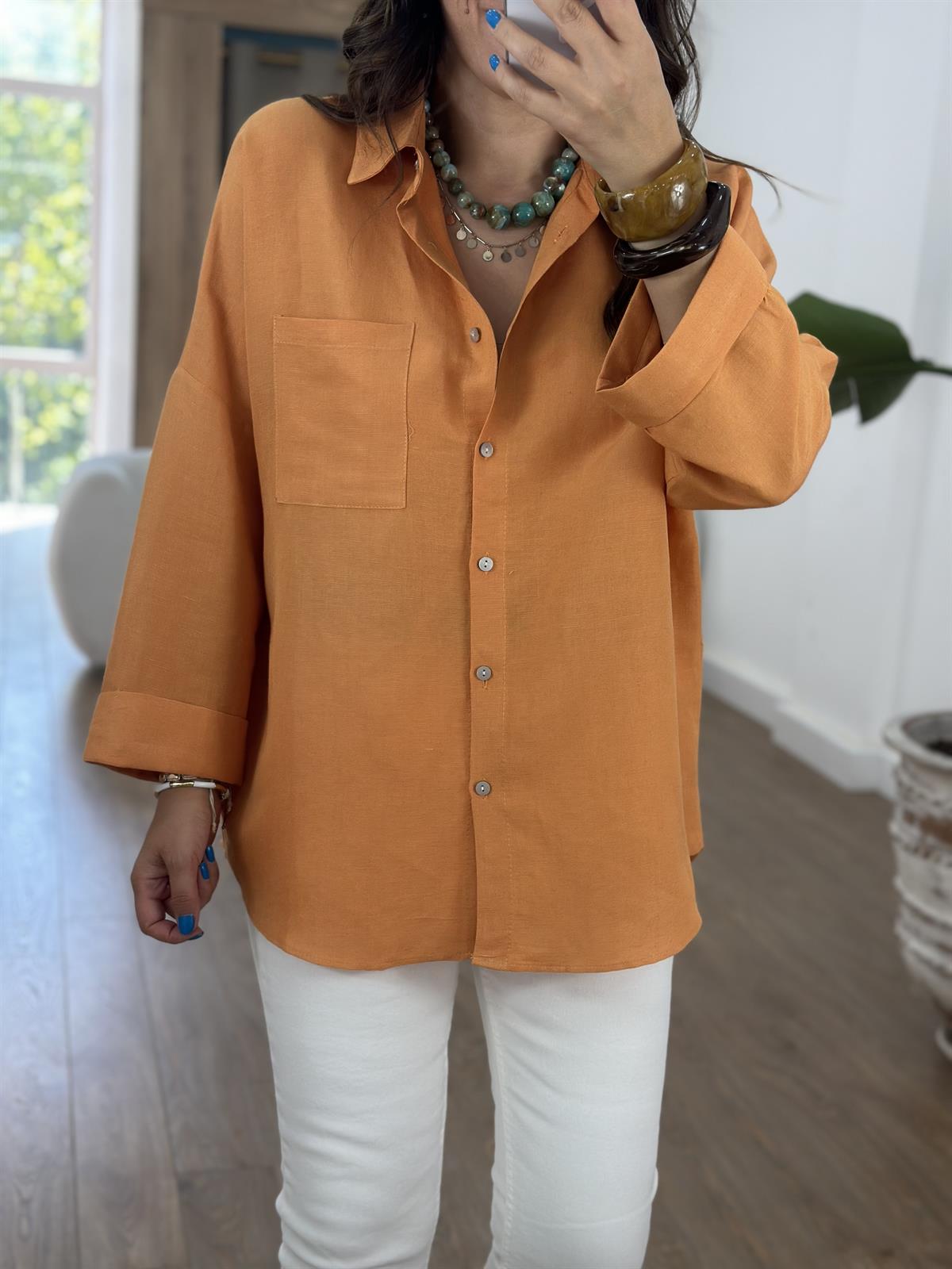 Oversize Yarım Kol Keten Gömlek - Turuncu