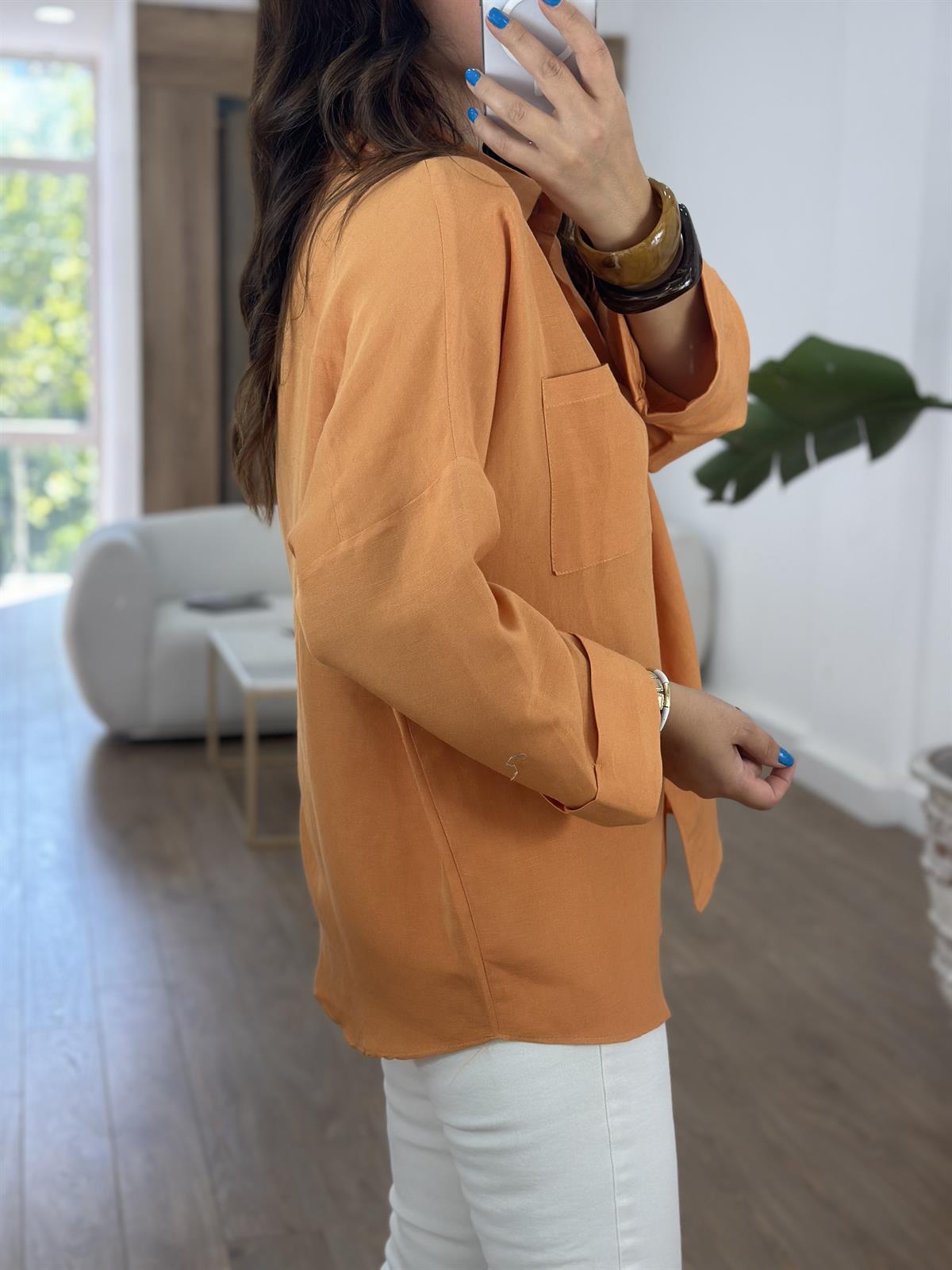 Oversize Yarım Kol Keten Gömlek - Turuncu