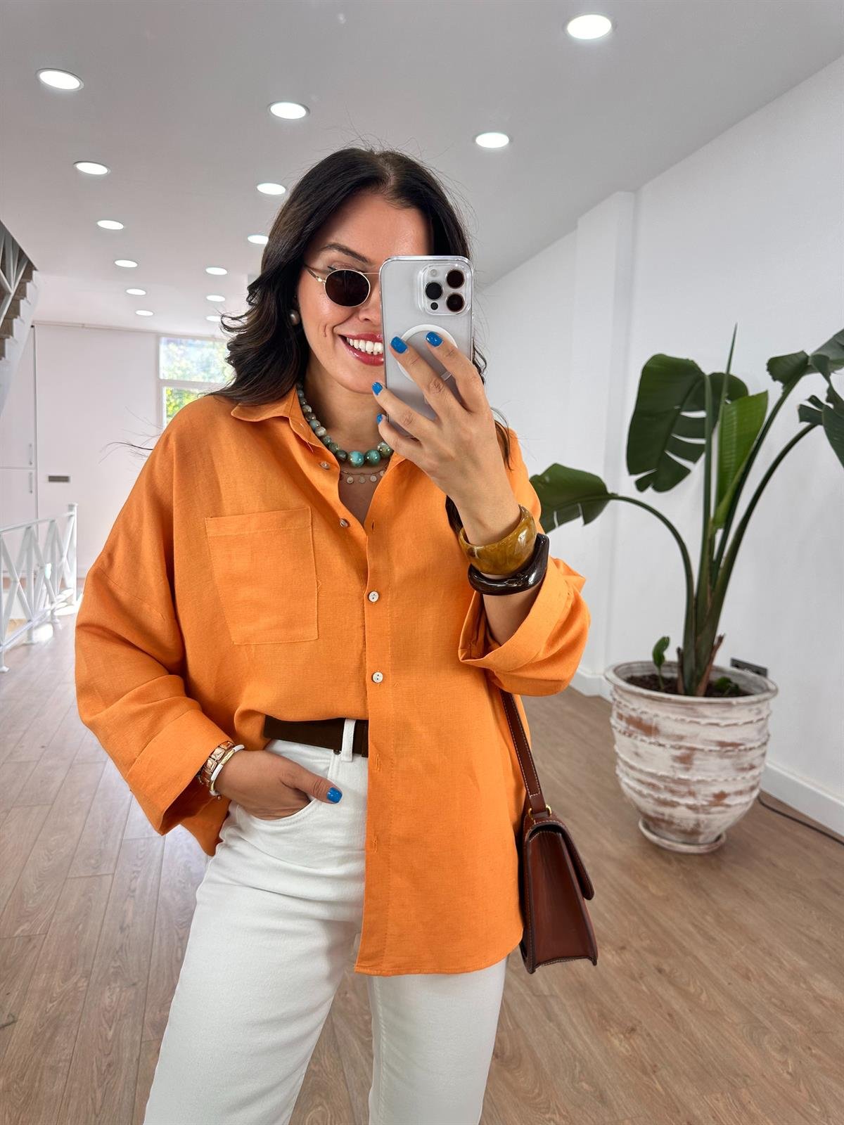 Oversize Yarım Kol Keten Gömlek - Turuncu