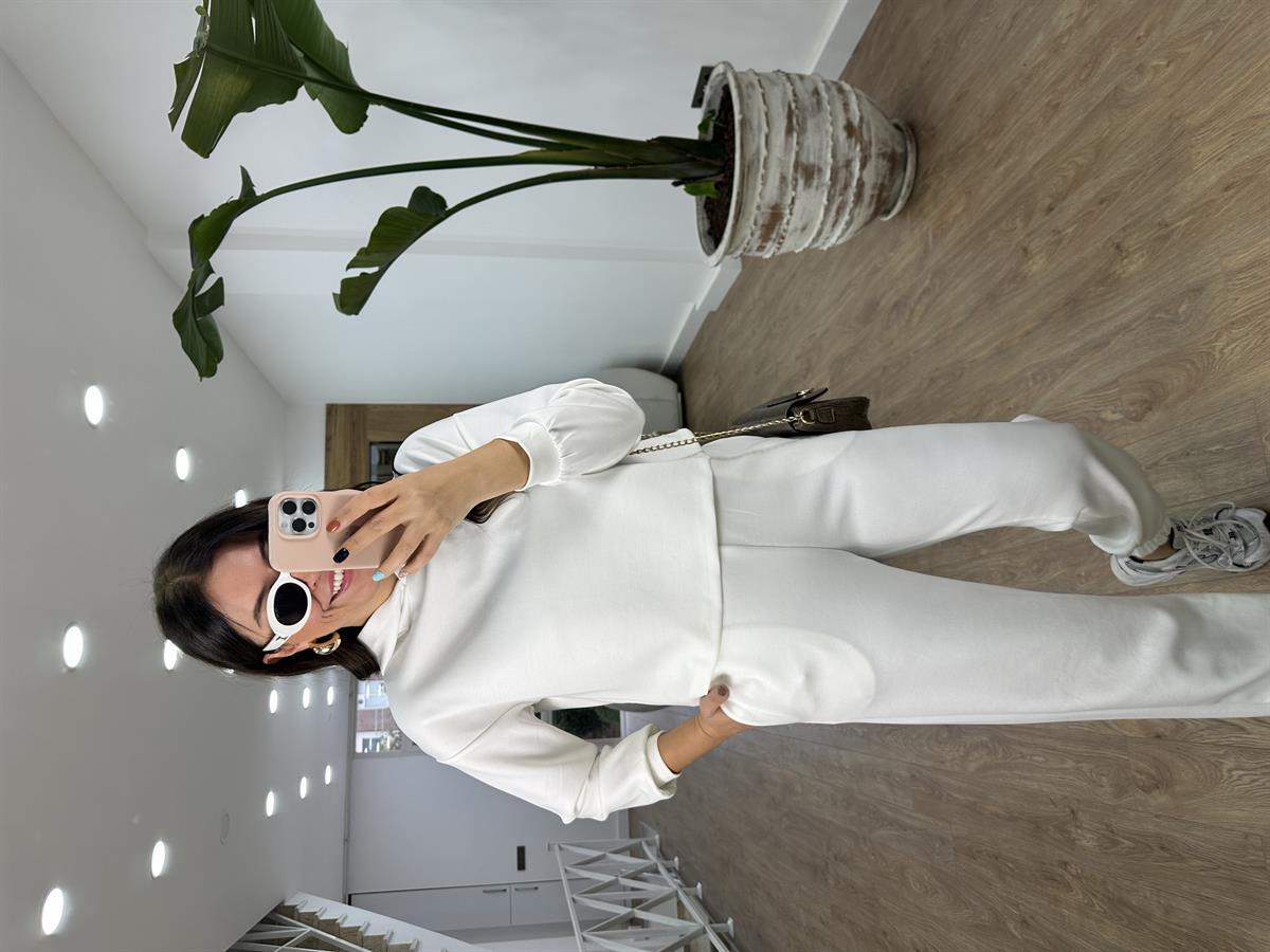 Oysho Kumaş Beli Ve Paçası Lastikli Eşofman Takımı-Beyaz