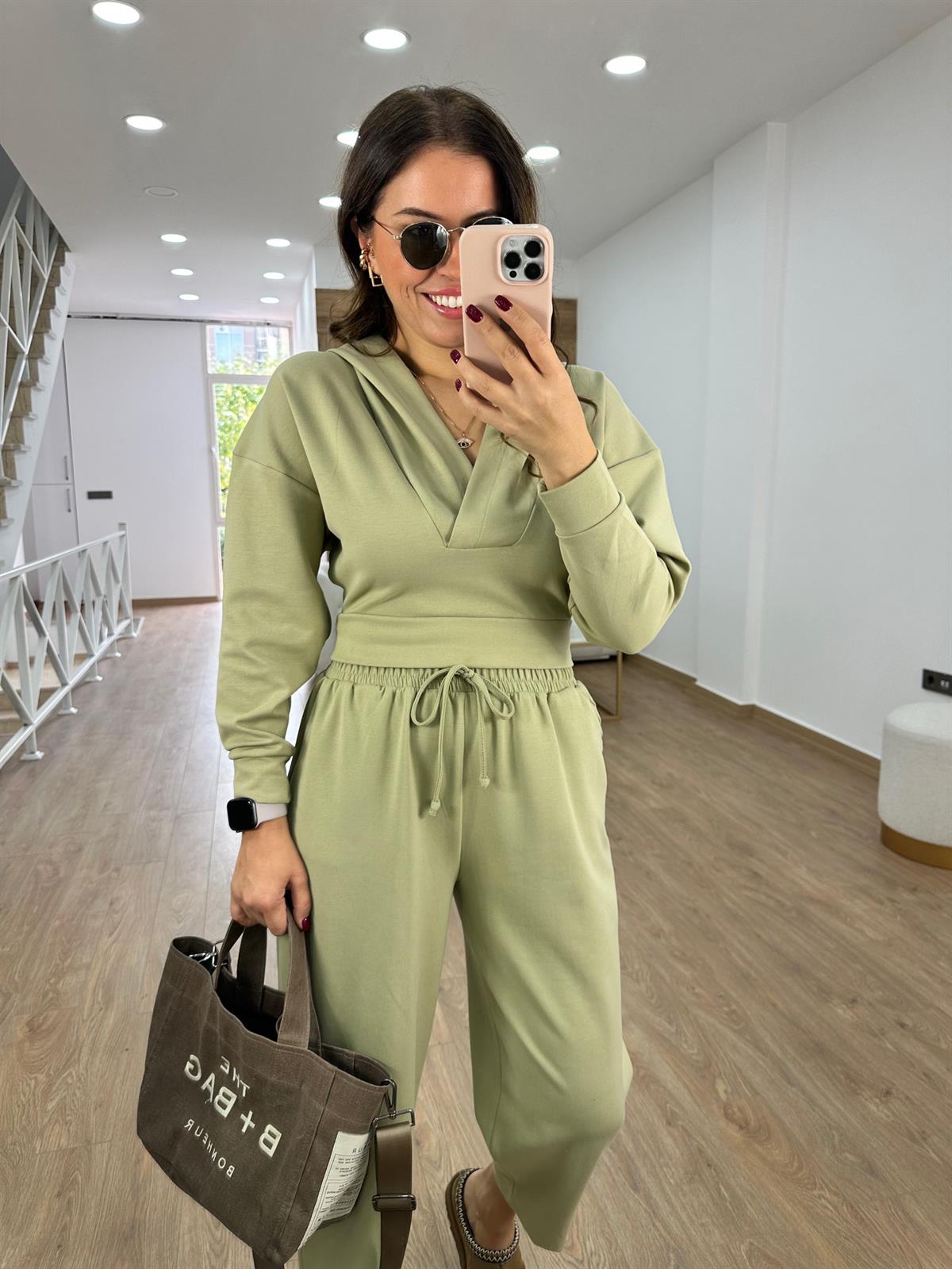 Oysho Kumaş Kapüşonlu Eşofman Takımı-Haki