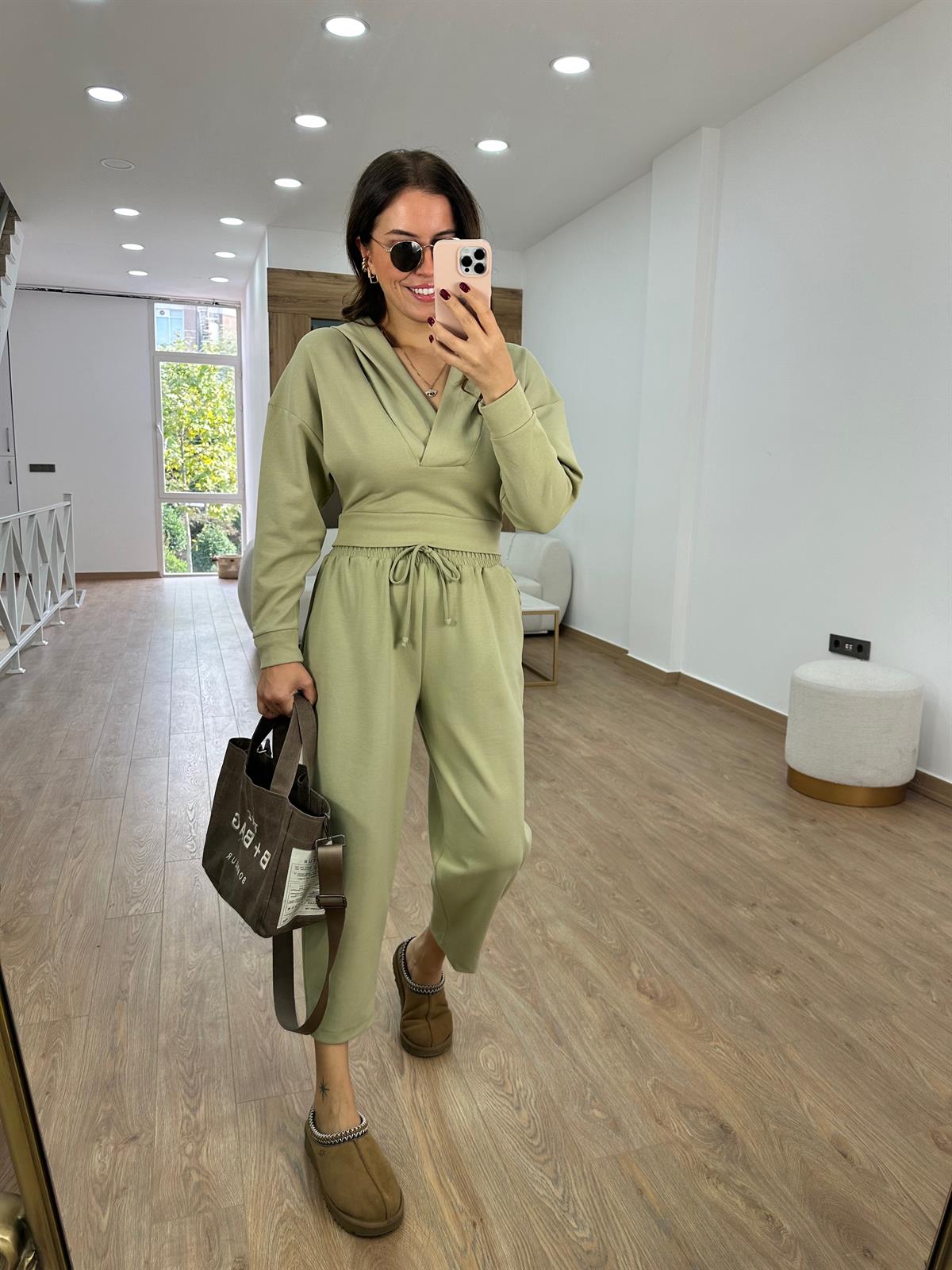 Oysho Kumaş Kapüşonlu Eşofman Takımı-Haki