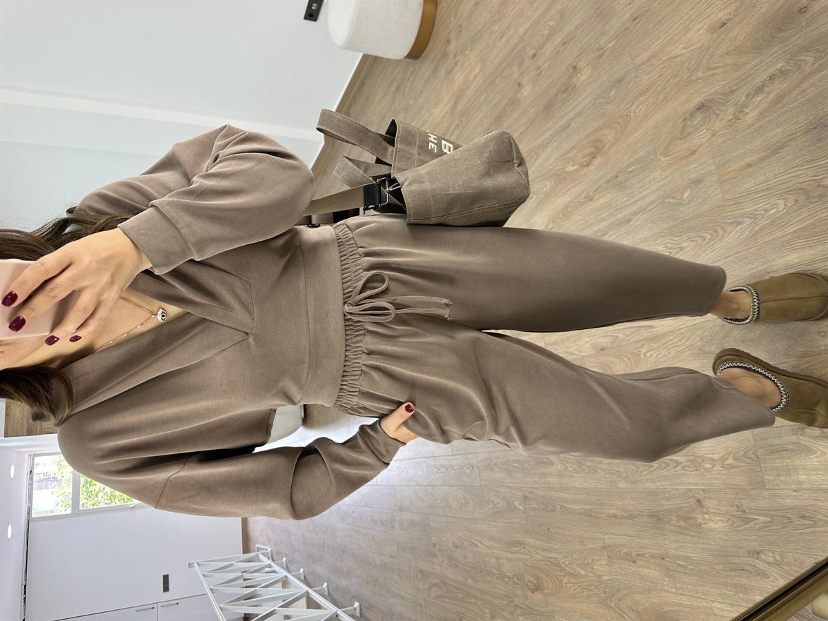 Oysho Kumaş Kapüşonlu Eşofman Takımı-Kahverengi