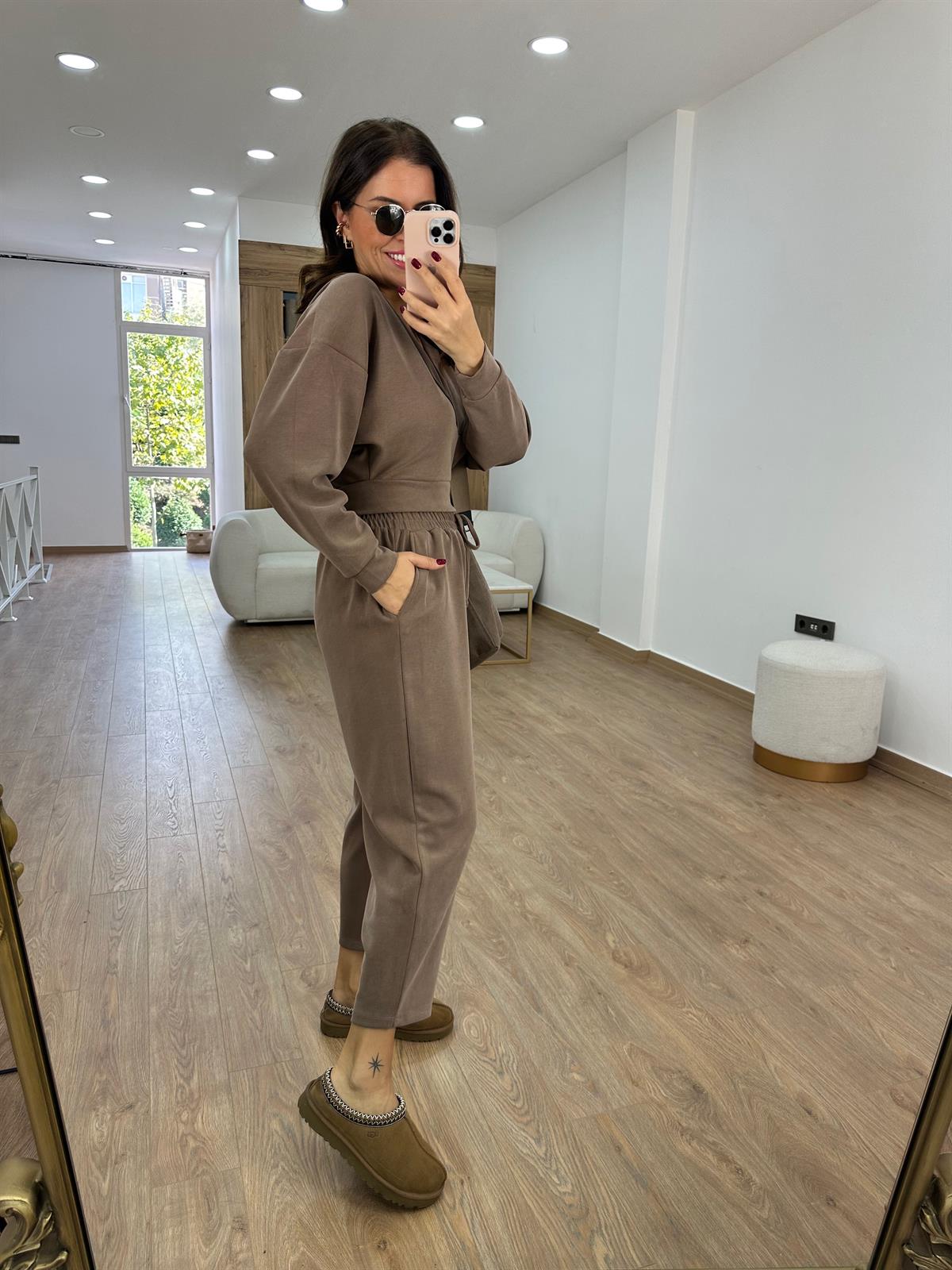 Oysho Kumaş Kapüşonlu Eşofman Takımı-Kahverengi