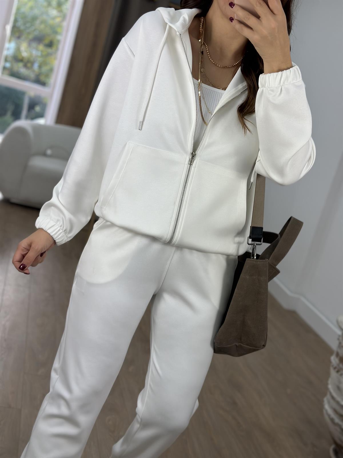 Oysho Kumaş Önden Fermuarlı Eşofman Takımı-Beyaz