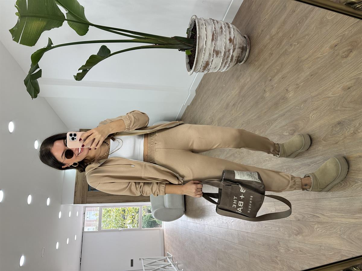 Oysho Kumaş Önden Fermuarlı Eşofman Takımı-Bej