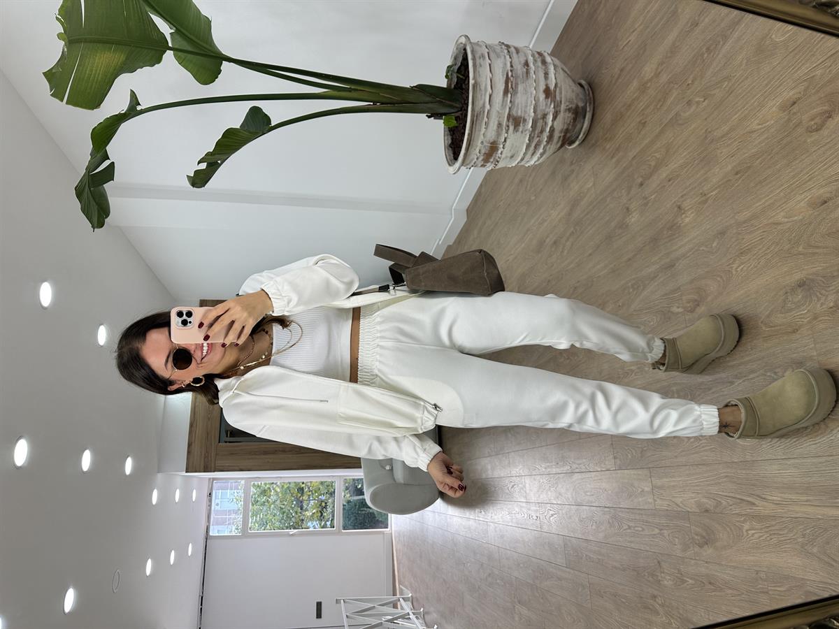 Oysho Kumaş Önden Fermuarlı Eşofman Takımı-Beyaz