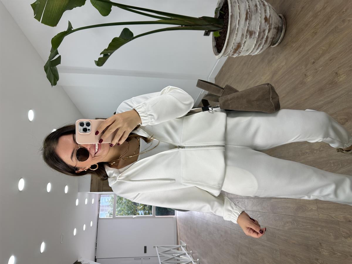 Oysho Kumaş Önden Fermuarlı Eşofman Takımı-Beyaz