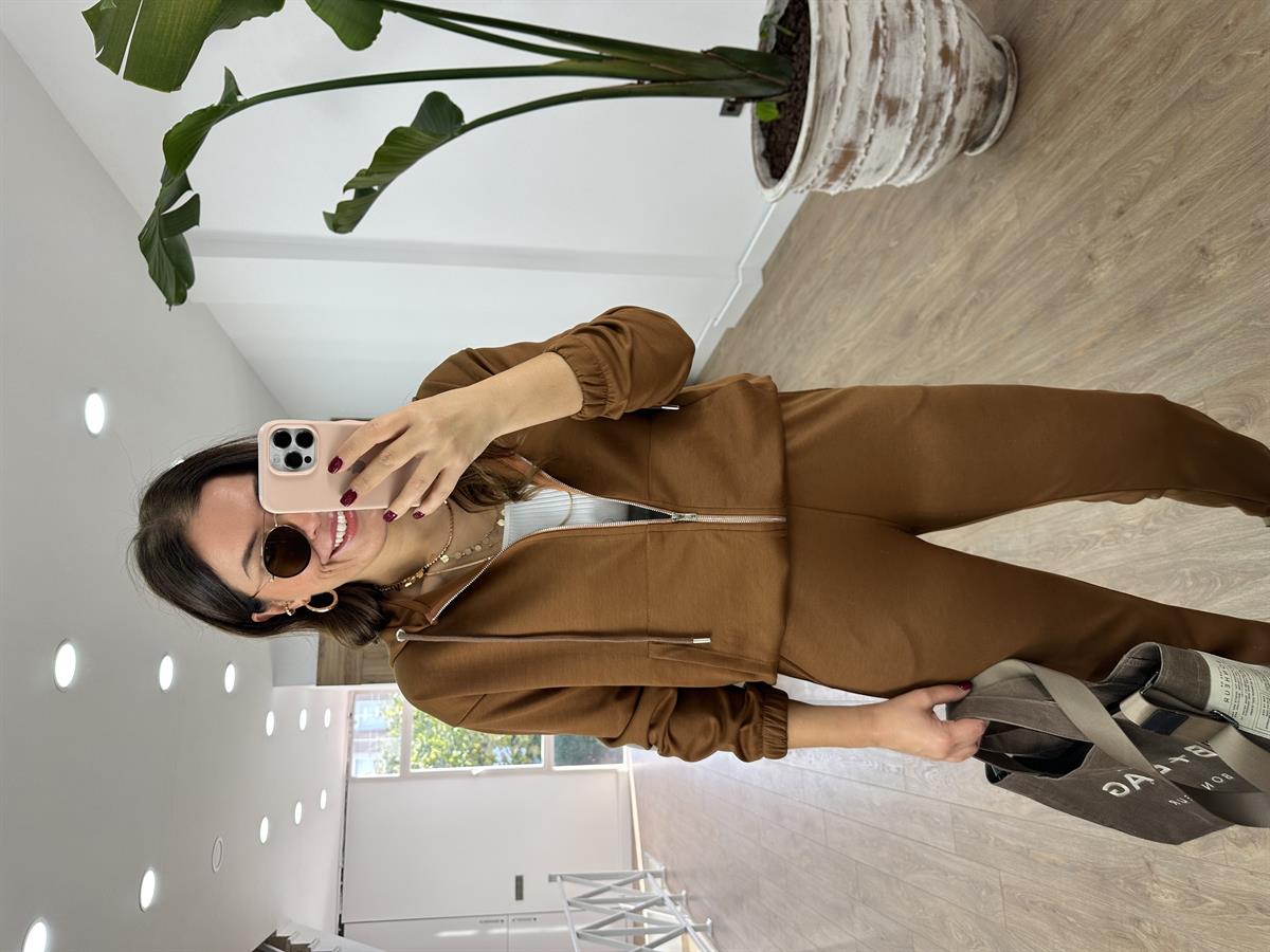 Oysho Kumaş Önden Fermuarlı Eşofman Takımı-Camel