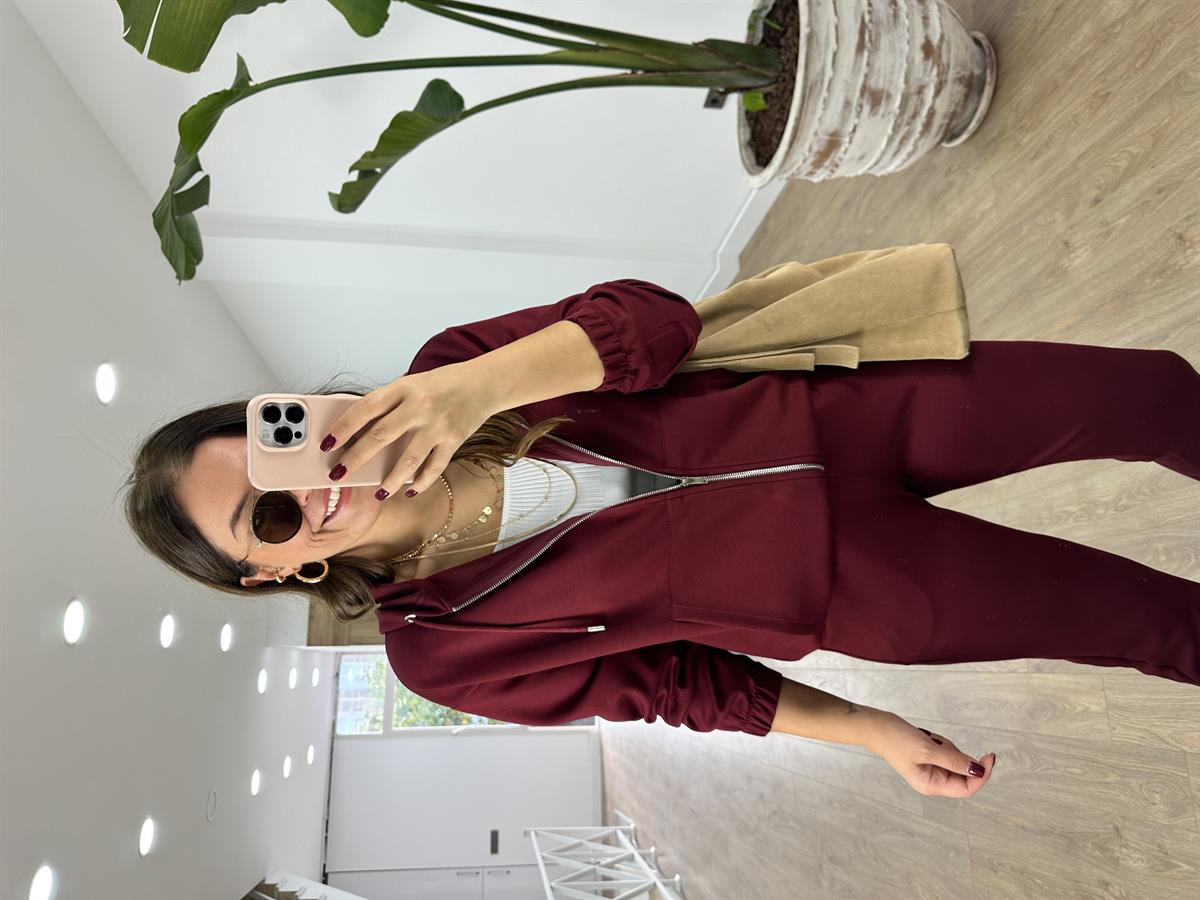 Oysho Kumaş Önden Fermuarlı Eşofman Takımı-Bordo