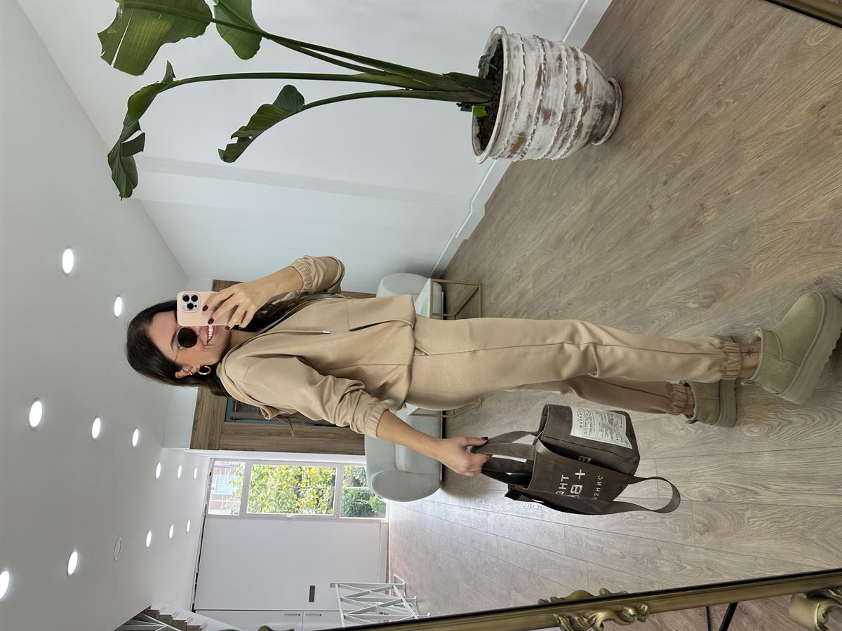 Oysho Kumaş Önden Fermuarlı Eşofman Takımı-Bej