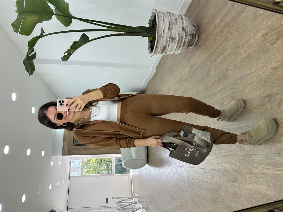 Oysho Kumaş Önden Fermuarlı Eşofman Takımı-Camel