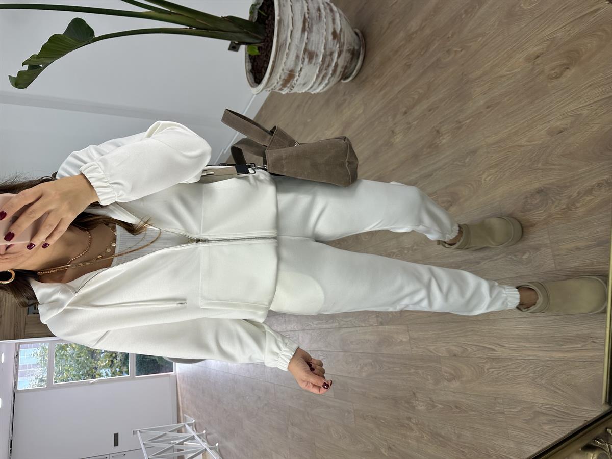 Oysho Kumaş Önden Fermuarlı Eşofman Takımı-Beyaz