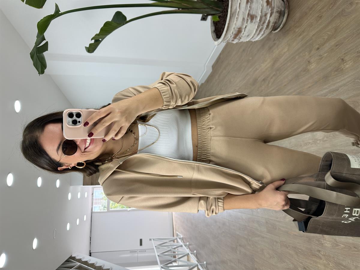 Oysho Kumaş Önden Fermuarlı Eşofman Takımı-Bej