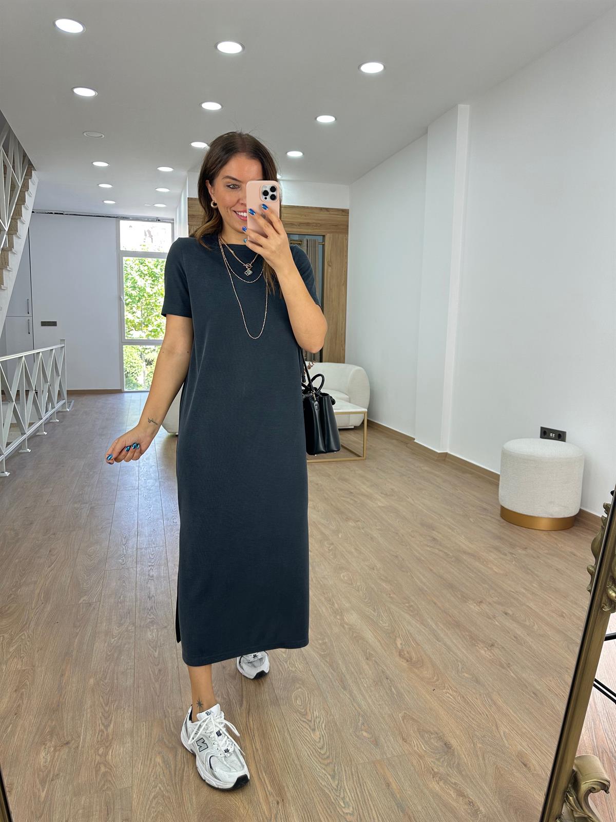 Oysho Kumaş Yandan Yırtmaçlı Elbise-Füme