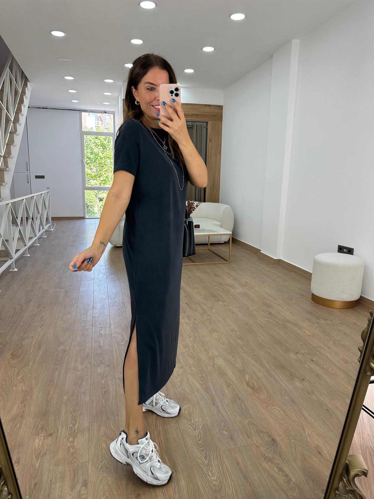 Oysho Kumaş Yandan Yırtmaçlı Elbise-Füme