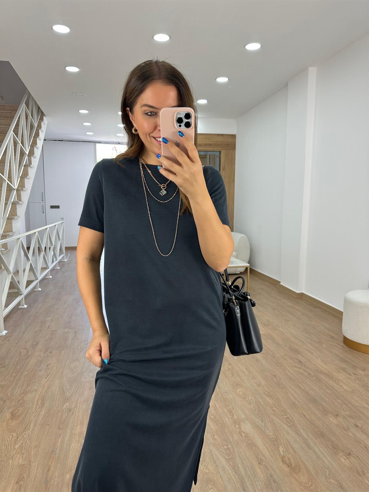 Oysho Kumaş Yandan Yırtmaçlı Elbise-Füme
