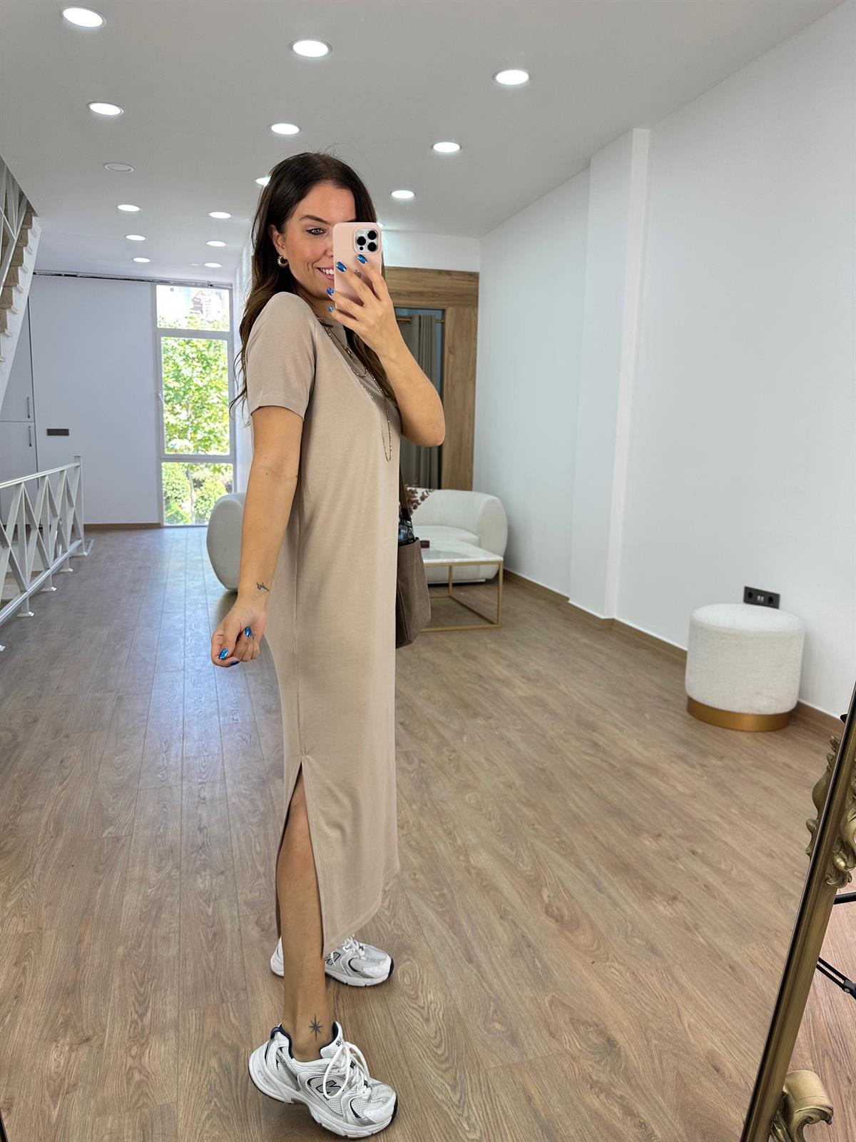 Oysho Kumaş Yandan Yırtmaçlı Elbise -Taş