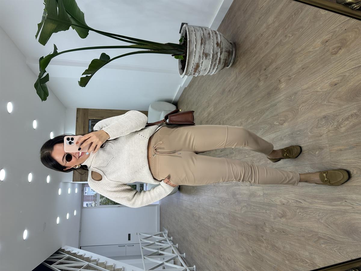 Özel Doku Full Likralı İçerisi Şardonlu Pantolon-Bej