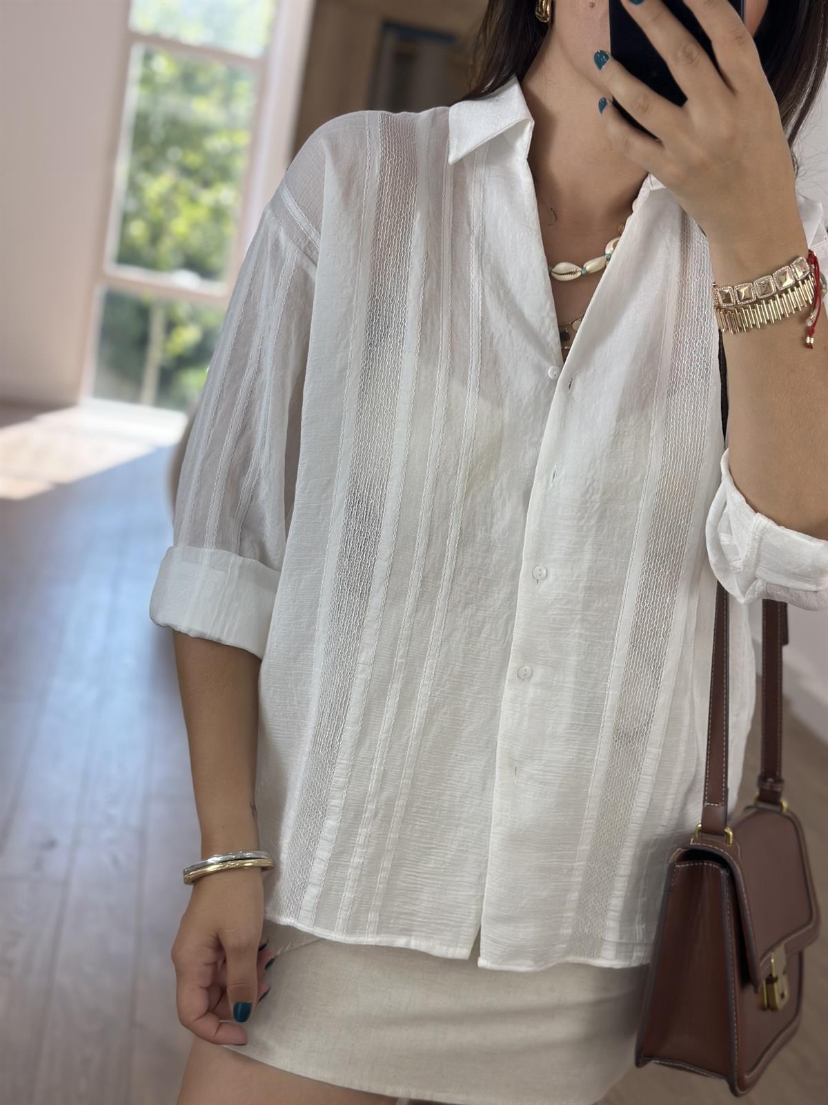 Özel Dokulu Transparan Gömlek-Beyaz