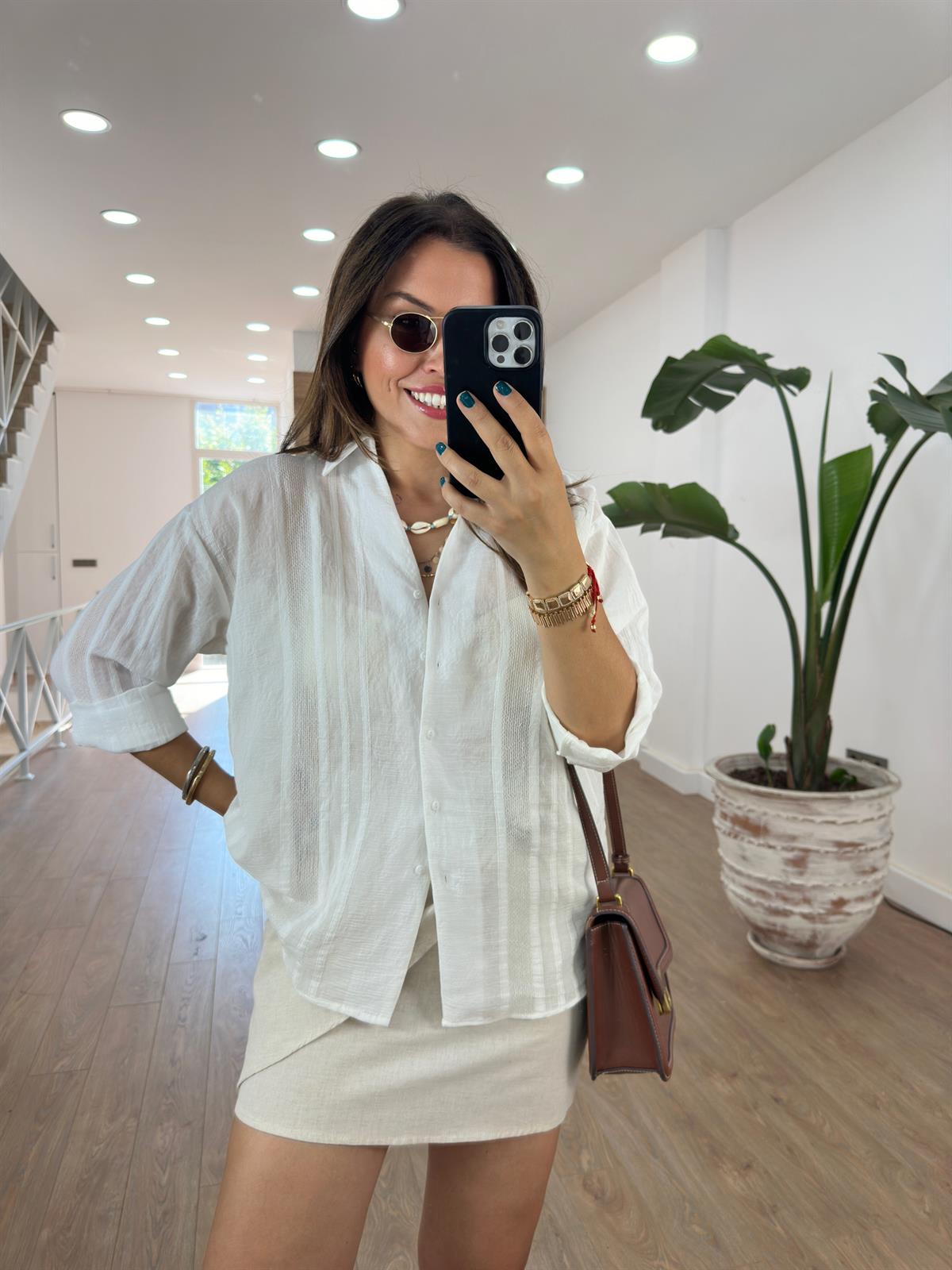 Özel Dokulu Transparan Gömlek-Beyaz