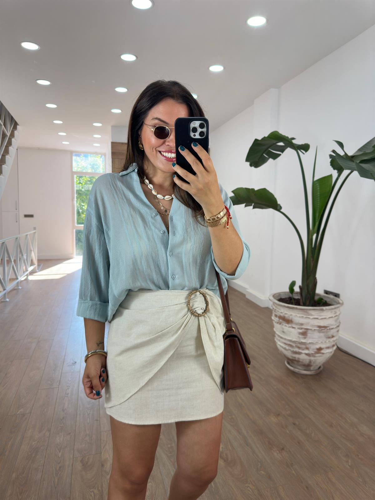 Özel Dokulu Transparan Gömlek-İndigo